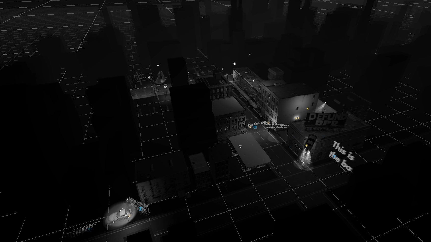 Most of the city is covered in darkness. The illuminated areas are also the player’s main activity zones.